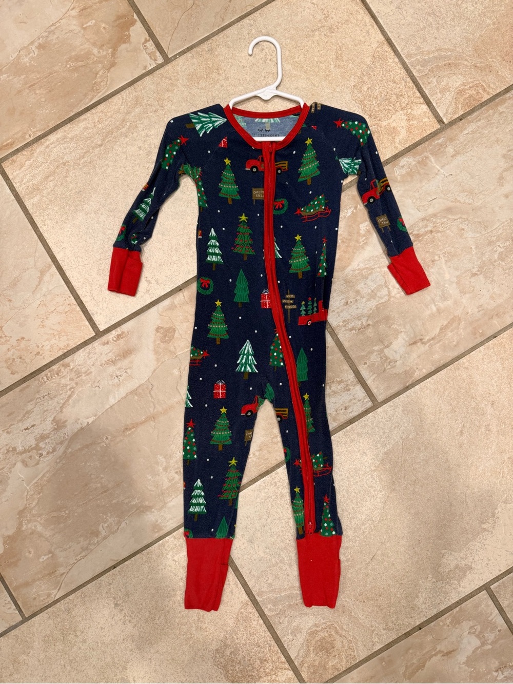 Little Sleepies Navy Christmas Tree Footed One-Piece Pajamas with Red Trim